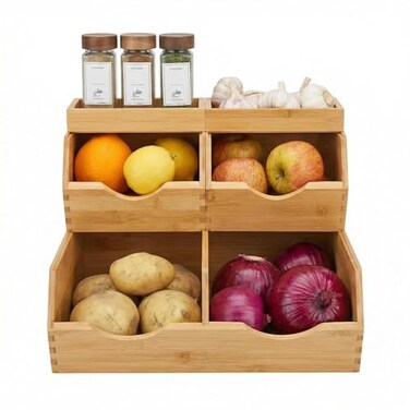 CENCODE Bamboo Pantry Storage Bins Set 5 Pieces Stackable Baskets Potato and Onion Storage Bamboo Wood Storage Bins for Pantry Baskets Organization and Storage Kitchen Essential