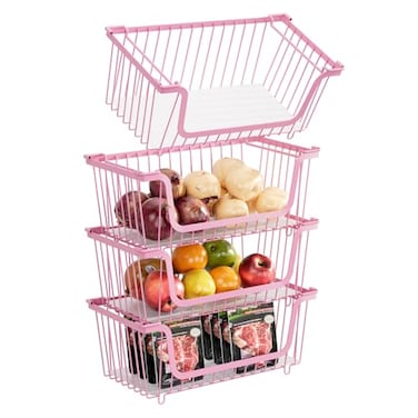 GAOKASE 4 Pcs Stackable Wire Baskets for Pantry Organizers and StorageVegetable Fruit Basket for CountertopKitchen Storage Metal BasketsProduce Potato Onion Storage Binpink