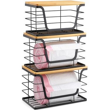 ALOCEO 3 Pack Stackable Storage Bins with Lids Stainless Steel Trash Bag Dispenser Roll Holder for for Kitchen Sink Laundry Pantry Organizer and Storage