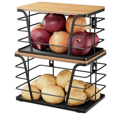 TIDIIABODE 2 Pack Potato and Onion Storage Bins Stackable Kitchen and Pantry Organizer with Bamboo Top Lightweight PP Mat for Vegetables Fruit Onion Potato Garlic Pantry Kitchen Storage Bins Black