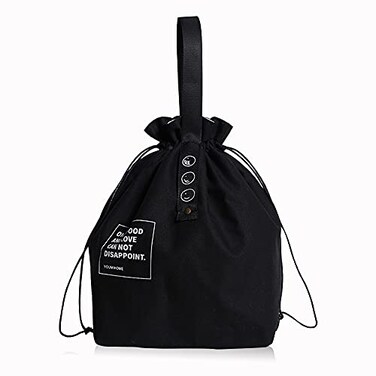 LELE LIFE Canvas Insulated Lunch Bag with Drawstring Closure WideOpen Foldable and Lightweight Lunch Tote Bag Cooler Tote Bag for Work Office Picnic Black