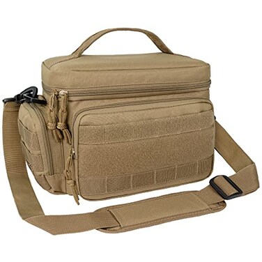 opux Tactical Lunch Box for Men Insulated Lunch Bag Leakproof Soft Military Cooler with Reinforced MOLLE Webbing Patch Panel Heavy Duty Lunchbox Pail for Work Construction Tan Medium 10 Cans