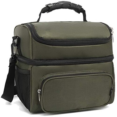 FlowFly Double Layer Cooler Insulated Lunch Bag Adult Lunch Box Large Tote Bag for Men Women With Adjustable StrapFront Pocket and Dual Large Mesh Side PocketsArmy Green