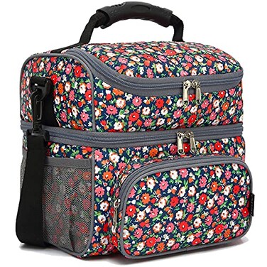 FlowFly Double Layer Cooler Insulated Lunch Bag Adult Lunch Box Large Tote Bag for Men Women With Adjustable StrapFront Pocket and Dual Large Mesh Side PocketsFloral