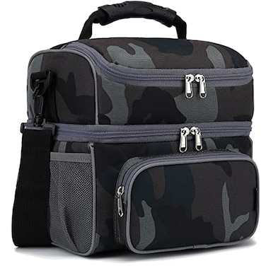 FlowFly Double Layer Cooler Insulated Lunch Bag Adult Lunch Box Large Tote Bag for Men Women With Adjustable StrapFront Pocket and Dual Large Mesh Side PocketsBlack Camo