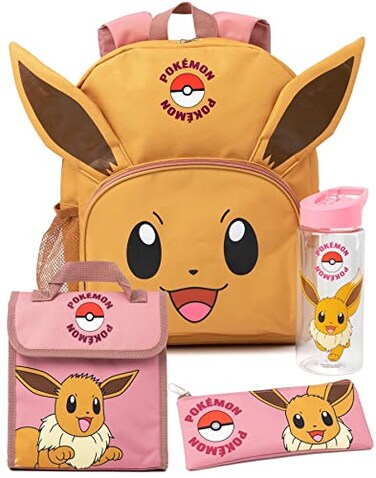 Pok&Atilde;&copy;mon Pokmon Eevee Kids 4 Piece Backpack Set Brown Pink Rucksack Lunch Bag Pencil Case Water Bottle School Accessories Bundle