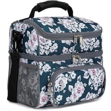 FlowFly Double Layer Cooler Insulated Lunch Bag Adult Lunch Box Large Tote Bag for Men Women With Adjustable StrapFront Pocket and Dual Large Mesh Side PocketsPlum