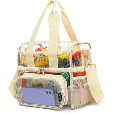 FlowFly Clear Bag Double Decker for Stadium Events With Shoulder Strap for Women Men Large and Reusable Lunch Container Work and Sporting Events Travel Transparent Tote Bag ClearBiege