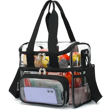 FlowFly Clear Bag Double Decker Lunch Bag for Stadium Events Adult Large Transparent Tote for Men Women With Adjustable Strap and Front Pocket Work and Sporting Events ClearBlack