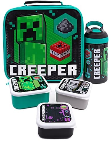 Minecraft Lunch Bag Kids Creeper 5 Piece Bag Water Bottle 3 Snack Pots