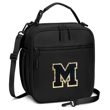 CLOUDWINGS Initial Insulated Lunch Bag for Boys Kids Back to School Gift Reusable Leakproof Lunch Box with Adjustable Strap for School Daycare Travel PicnicBlackM