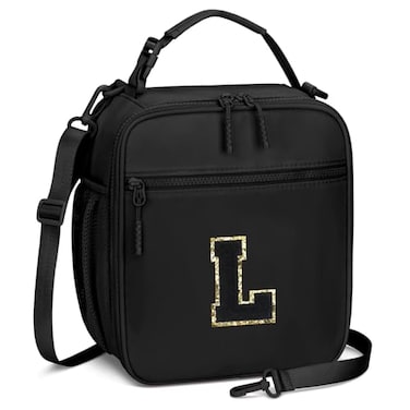 CLOUDWINGS Initial Insulated Lunch Bag for Boys Kids Back to School Gift Reusable Leakproof Lunch Box with Adjustable Strap for School Daycare Travel PicnicBlackL