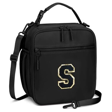 CLOUDWINGS Initial Insulated Lunch Bag for Boys Kids Back to School Gift Reusable Leakproof Lunch Box with Adjustable Strap for School Daycare Travel PicnicBlackS