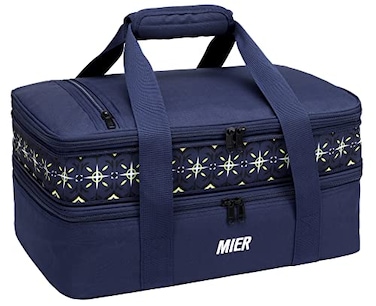MIER Insulated Double Casserole Carrier Bag for Lasagna Lugger Potluck Parties Picnic Beach Fits 9 x 13 Inches Baking Dish Casserole Dish Expandable Dark Blue
