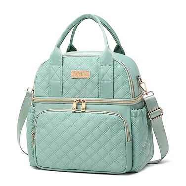 AIJIEKE Large Insulated Lunch Bag for Women Double Compartment Leakproof Lunch Box for Work Office Reusable Cooler Tote with Adjustable Strap Side Pockets for Adults Picnic Beach Green