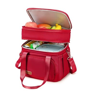 MAPLELILY Lunch Box for Men Women Double Deck Insulated Lunch Bag Large Leak Proof Tote Cooler Wide Open Dual Compartment Lunch Bags with Shoulder Strap For Work Picnic Hiking Beach Red