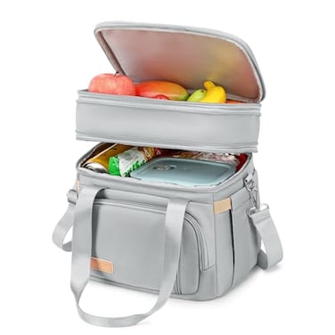 MAPLELILY Lunch Box for Men Women Double Deck Insulated Lunch Bag Large Leak Proof Tote Cooler Wide Open Dual Compartment Lunch Bags with Shoulder Strap For Work Picnic Hiking Beach Grey