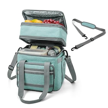 EXLIFBAG Lunch Box for Women Insulated Double Deck Lunch Bag for Adults Leakproof Cooler Lunchbox for Men with Adjustable Shoulder Strap Green
