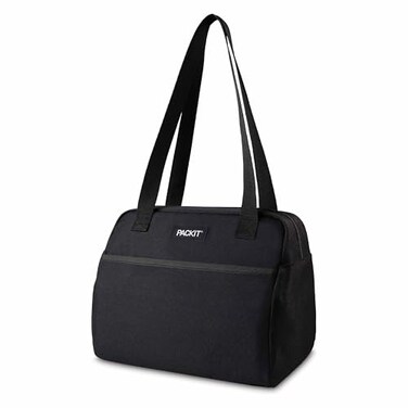 PackItR Freezable Hampton Lunch Bag Black Built with EcoFreezeR Technology Collapsible Reusable Zip Closure with Front Pocket and Shoulder Straps Designed for Fresh Office Lunches