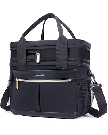 Hedcaw Lunch Box for Women Double Deck Insulated Lunch Bag Women Expandable Leakproof Reusable Lunch Cooler Bag for Work Office Picnic Black