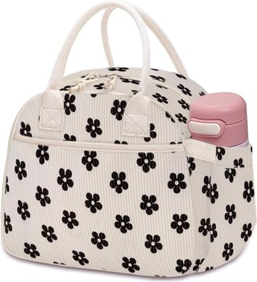 Carry bloom Lunch Box for Women Insulated Lunch Bag Cute Corduroy Lunchbag Reusable Lunchbox for Work flower black