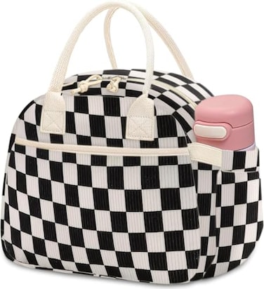 Carry bloom Lunch Box for Women Insulated Lunch Bag Cute Corduroy Lunchbag Reusable Lunchbox for Work checkered black white
