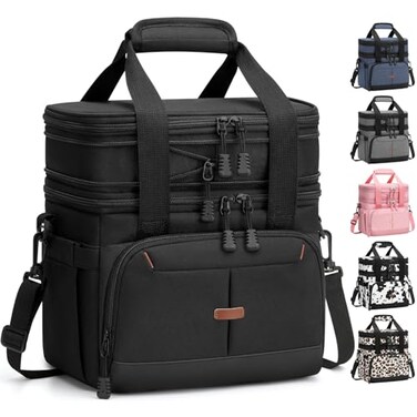 Pritent Lunch Box For Men Women Double Deck Insulated Lunch Bag For Men Woman Leakproof Expandable Cooler Bag with Adjustable Shoulder Strap for Work Picnic SchoolBlackMedium