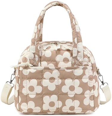 LEDAOU Lunch Box for Women Lunch bag Quilted Puffer Insulated Lunch Box with Adjustable Strap Reusable LunchBox for Work School Picnic Travel Big Flower Brown