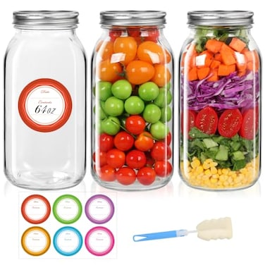 Mcupper 3 Pack Wide Mouth Mason Jars 64 oz Half Gallon Mason Jars Large Canning Jars with Lids and Bands for Canning Storing Labels Brusher Included