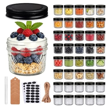 QAPPDA 4 oz Glass Jars With Lids Black 40 Pack Small Clear Mason Jars and Diamond appearance Small Spice Canning Jars for Spice Honey Jam Caviar Candle Making Wedding Favors Kitchen Storage
