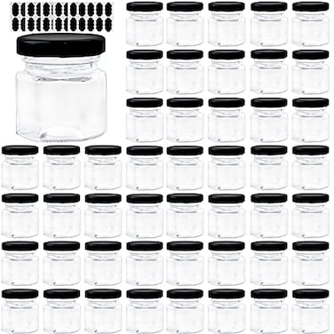 Comrzor 15 OZ Mini Hexagon Glass Jars 48 Pack Empty Honey Jars Small Spice Jars with Black Lids and 50pcs Labels for Jam Homemade Projects Gifts Wedding Party Favors