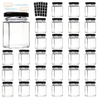 Comrzor 3 OZ Mini Hexagon Glass Jars 30 Pack Empty Honey Jars Small Spice Jars with Black Lids Sponge Brushes and 40pcs Labels for Jam Homemade Projects Gifts Wedding Party Favors