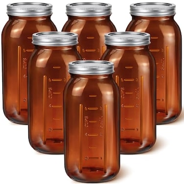 Norme 6 Pcs 64 oz Glass Mason Jars Glass Mason Jars Canning Container Set Embossed Half Gallon Fermenting Container with Airtight Lids for Canning Freezing Preserving Beverages Decor Amber