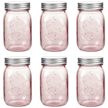 Amzcku 16 oz Rose Pink Mason Jars with Lids 6 Pack Regular Mouth Quart Canning Jar Safe For Storage Canning Pickling Preserving Fermenting DIY Crafts Decor