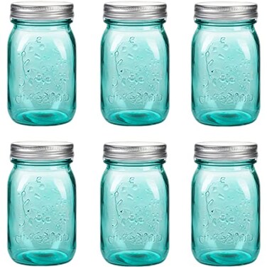 Amzcku 16 oz Teal Mason Jars with LidsRegular Mouth Canning Jar 6 Pack Multifunction Glass Container for Storage Canning Pickling Preserving Fermenting DIY Crafts Decor
