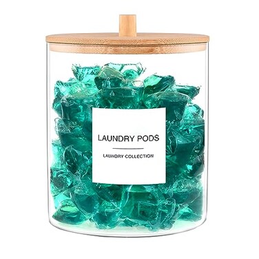 TIPGO Glass Jars for Laundry Room Organization Laundry Pods Container with 27 Labels Detergent Holder with Bamboo Lid Cute Storage Jars Set of 1