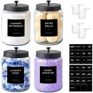 MUVEKA Glass Jars Laundry Containers with Lid 05 Gallon Laundry Organization and Storage Jars Laundry Detergent Container Laundry Powder Pods Holder Glass Jar Wide Mouth with Scoops Labels 4 Pack