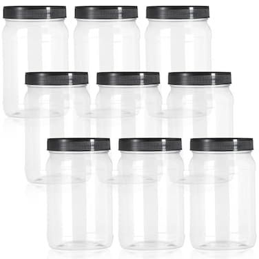 Fasmov 9 Pack 32 Oz Plastic Jars with Black Lids Wide Mouth Clear Empty Plastic Storage Containers for Crafts Dry Food Peanut Butter Honey and Jam Storage