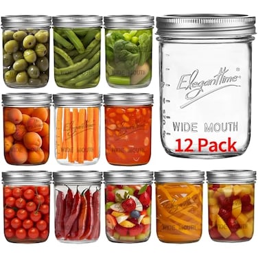 eleganttime Wide Mouth Mason Jars 16 oz12 Pack Canning Jars with LidsAirtight Container Glass Jars for CandlesHome DecorOvernight OatsFruit PreservesJam or Jelly