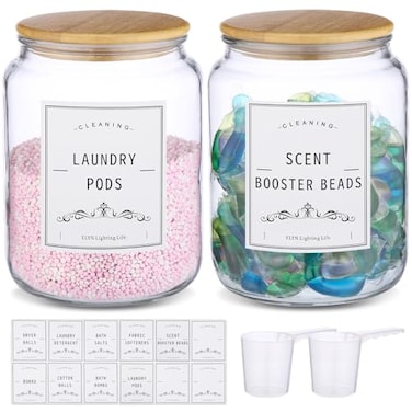 CYYKDA Laundry Pods Container With Airtight Bamboo LidGlass Jars for Laundry Room Organization Jar Dishwasher pods container12 Gallon Laundry Jars for Detergent PowderScent BoostersLaundry Room Storag