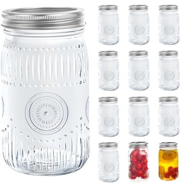 Amzcku 32oz Vintage Mason Jars with Lids Wide Mouth Quart Canning Jar 12 Pack