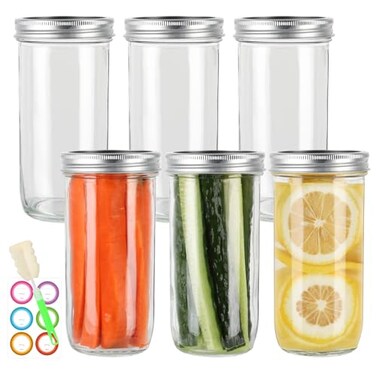 Jaisie.W 24 oz Wide Mouth Mason Jars 6 Pack Glass Canning Jars with Airtight Lids Leakproof Reusable Storage Containers for Pickling Jam Honey Sauces DIY Projects Great Value Set with Secure Packaging