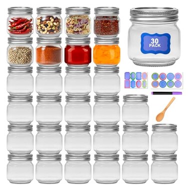 Maredash 8 oz Mason Jars 30 PackSmall Glass Containers with Lids8oz Mason Jars with LidsCanning JarsThe set includes 1 wooden spoons 8 stickers and a purple penIdeal for jams spices candy