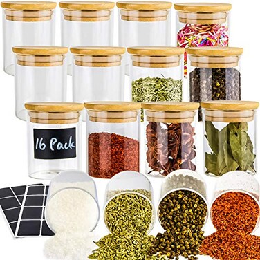 UMI UMIZILI 16 Pack Glass Jars with Lids Bamboo Lids Spice Jars Set For Spice Beans Candy Nuts Herbs Dry Food Canisters for Kitchen Storage Extra Chalkboard Labels 65 oz Clear