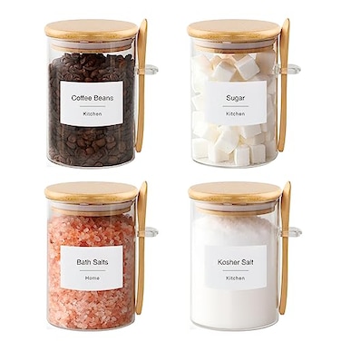 TIPGO Sugar Jar Bath Salt Container 17 oz Glass Jar with Bamboo Lid and Spoon Sugar Cube Holder and Canister for Countertop Glass Containers for Coffee Beans Tea and Overnight Oats 4 Pack