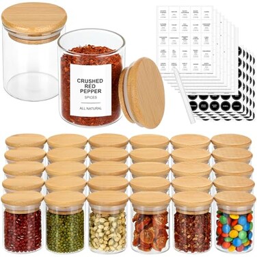 EgticHome 4OZ Glass Spice Jars with Bamboo Lids and 315 Labels 32 Pcs Clear Food Storage Containers for Kitchen Sugar Salt Coffee Tea Beans
