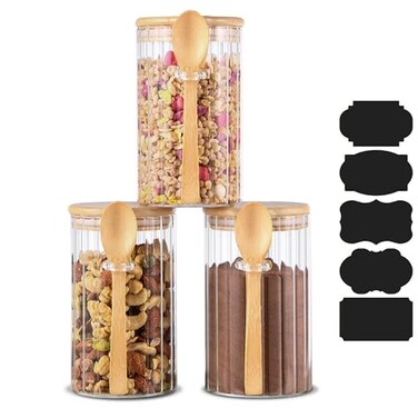 Steviieden 25 FL OZ Airtight Glass Jars with Bamboo Spoons Lids Overnight Oats Container Decorative Coffee Bar Food Storage Jar Cereal Nuts Salts Coffee Tea Flour Sugar Container Spice Jars
