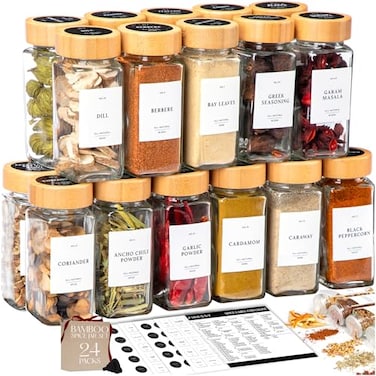 FINESSY Bamboo Glass Spice Jars with Labels and Shaker Lids Clear Empty 4oz 24 Pack Bottles Set Glass Spice Containers with Labels Seasoning Organizer Jars
