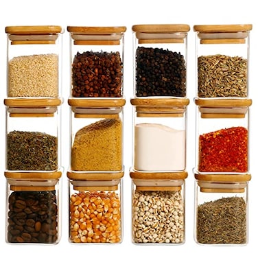 HHMJSM 12 Pcs Square Glass Spice Jars with Natural Bamboo Lids 5oz Airtight Herb Containers with 148 Waterproof Minimalist Spice Labels Preprinted Empty Small Seasoning Jars for Kitchen Pantry