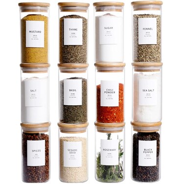 HHMJSM 12 Pcs Glass Spice Jars With Bamboo Airtight Lids 8oz Thicken24mm Spice Containers With 148 Minimalist Preprinted Waterproof Spice Labels Kitchen Empty Small Storage Jars For Seasoning Herb